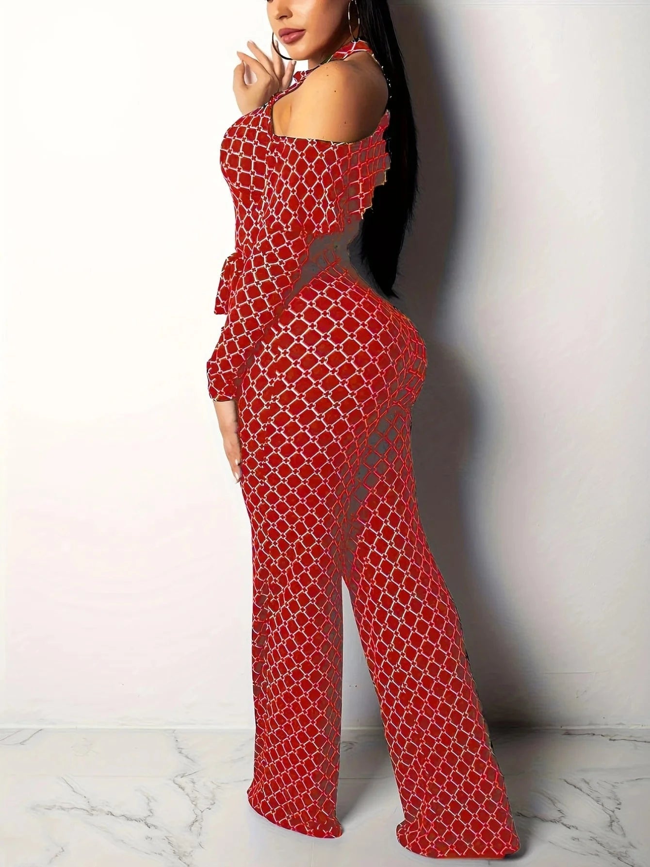 Plaid Print Rompers Womens Jumpsuit Off Shoulder Ruffles Long Sleeve Bandage Overall Elegant Belted Plus Size Wide Leg Bodysuit