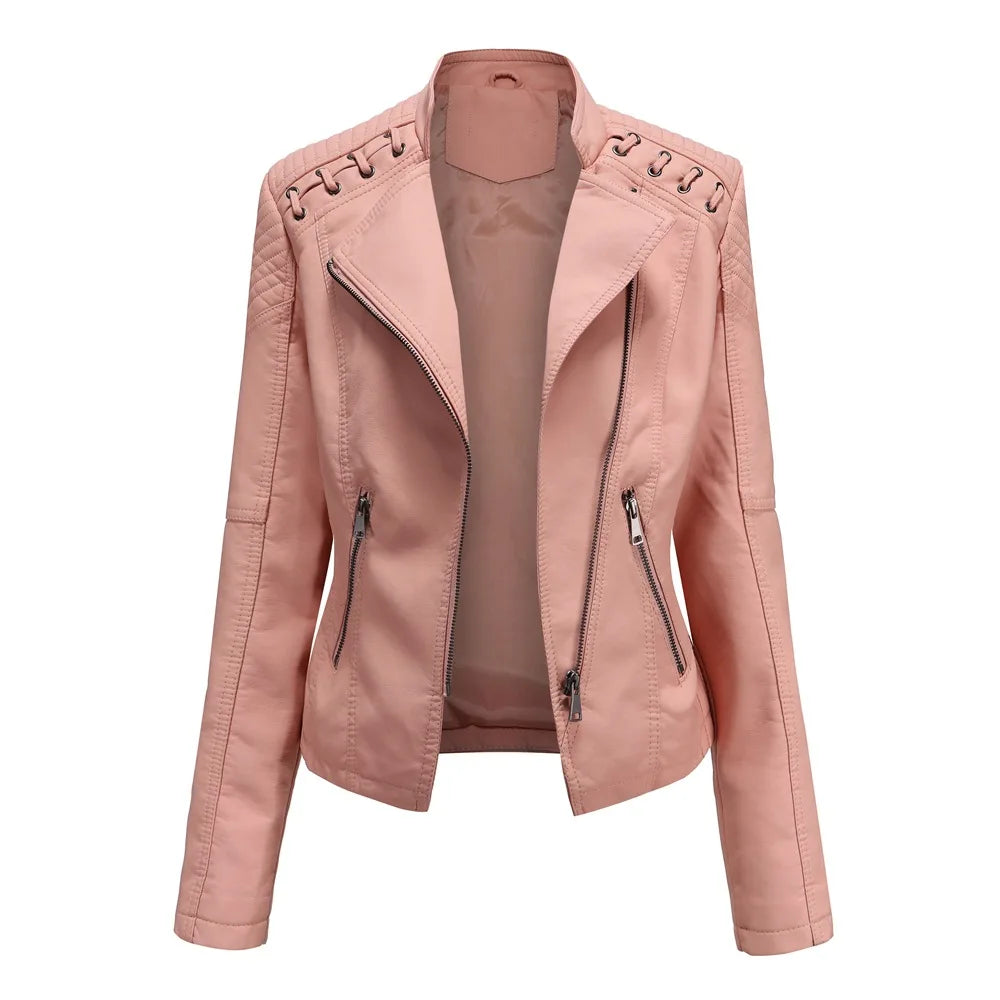 Spring Autumn Leather Jacket Women Slim Fit Motor Biker PU Leather Short Coat Stand Collar Ladies Zipper Outerwear 2024 New