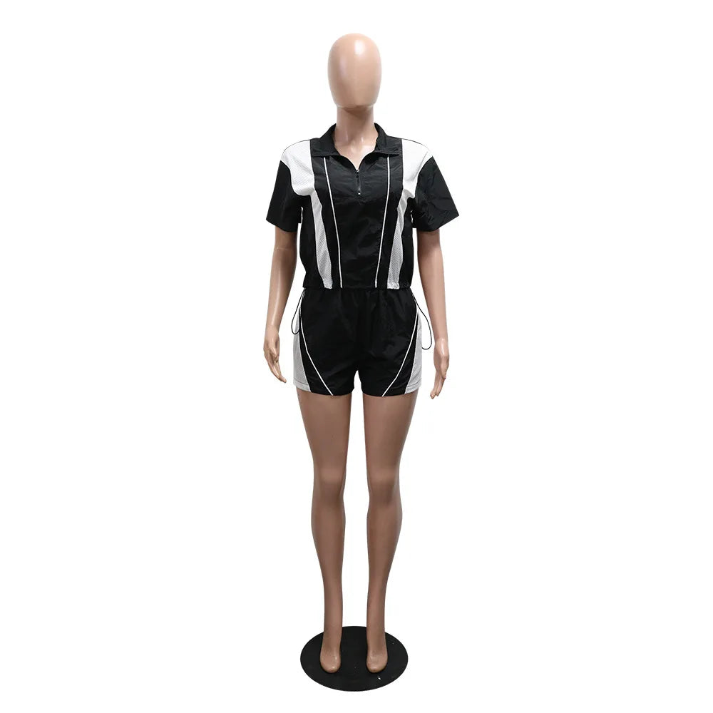 Joskaa 2025 Summer Women's Sporty 2 Piece Set Casual Patchwork Short Sleeve Top and Shorts Matching Tracksuits Y2K Streetwear