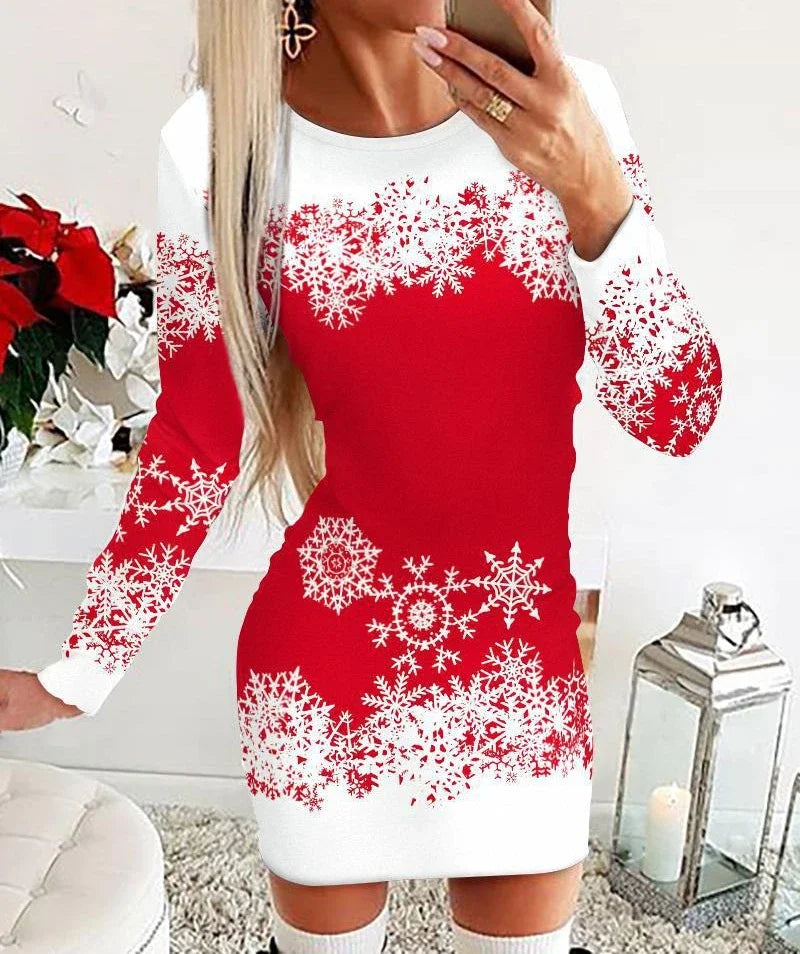 Christmas Dresses Women and Fall New Long Sleeved Printed Short Dress Fashionable Versatile Base Skirt for Female 2024 Summer
