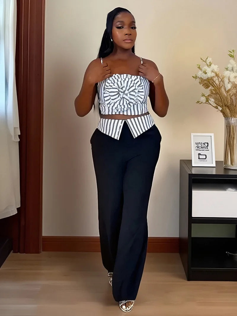 CM.YAYA Fashion Women's Set Striped Strap Floral Applique Crop Top and Wide Leg Pants Suit 2025 Two 2Piece Sets Outfit Tracksuit