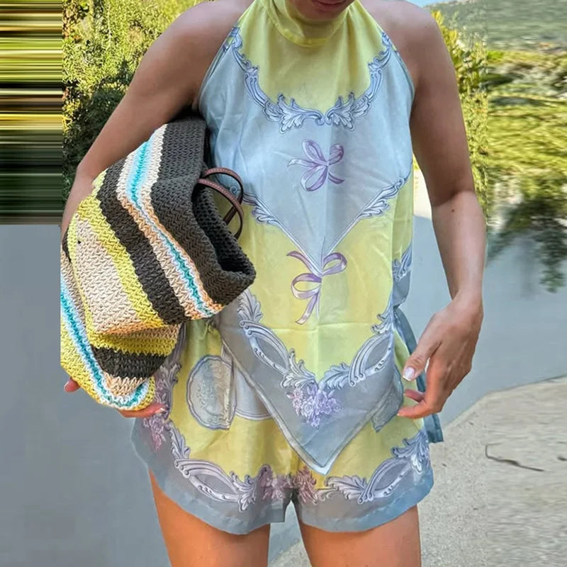 Pattern Printed Sleeveless Hollow Two Piece Set Summer Bohemian Women Holiday Outfit Casual Halter Lace Up Top+Shorts Beach Suit