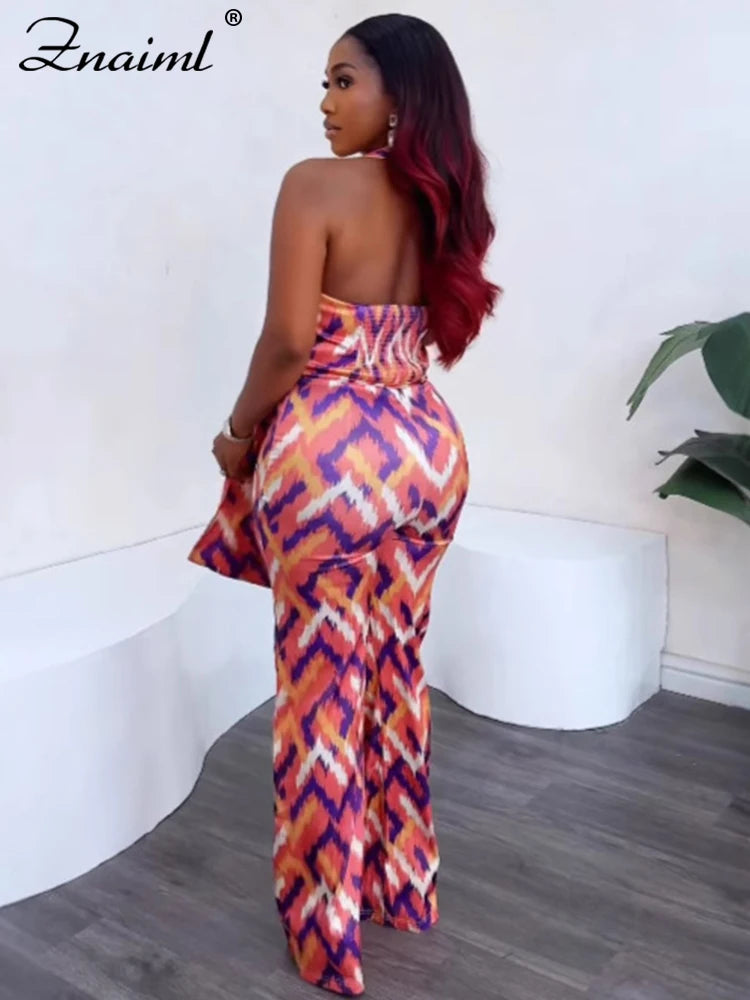 Znaiml Elegant Women Summer Beach Boho Vacation Jumpsuits Printing Halter Sleeveless Backless One Piece Rompers Wide Leg Pants