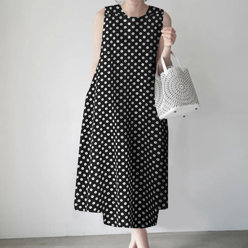 ZANZEA Bohemian Point Dot Printed Dress Women Summer Vestidos 2024 Elegant Sexy Sleeveless Casual Loose Vintage Beach Sundress