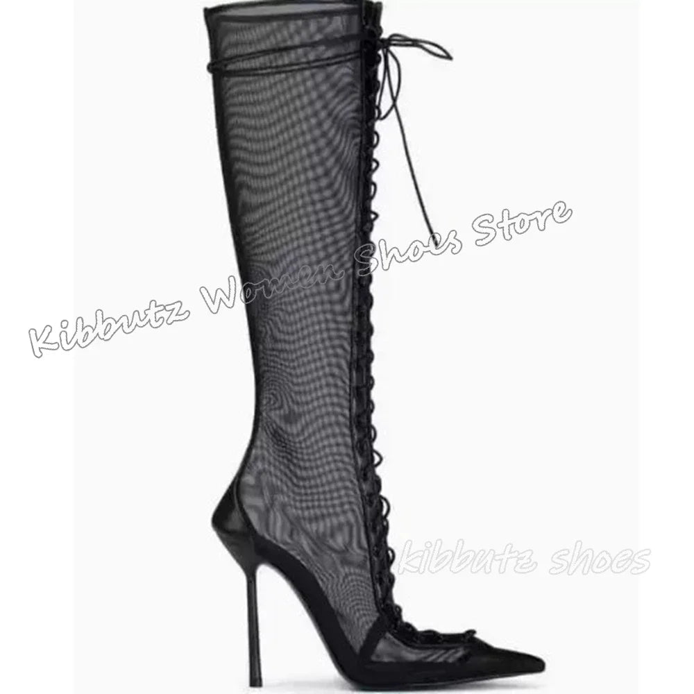 Lace-Up Sandal Ankle Boots Mesh Leather Solid Color Fashion Elegant Luxury Concise Sexy Party Dress Women Shoes New Pointy Heels