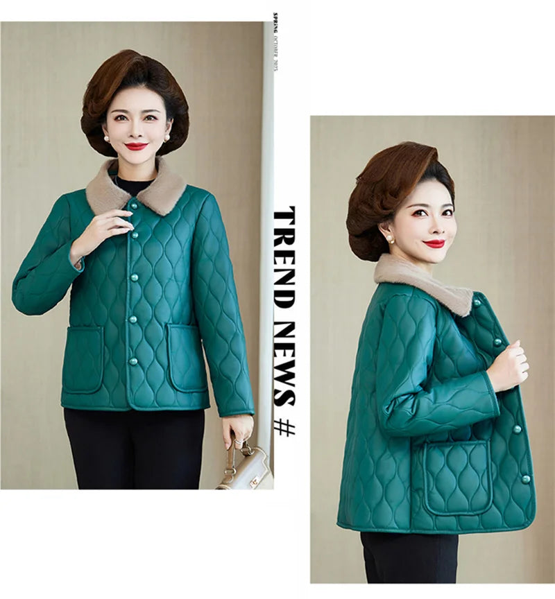 Winter Plush Jacket Winter Mom's Fashion Plus Size Loose Thick Fur Collar Coat For Mid-Aged Women With Velvet Warm Quilted Coat