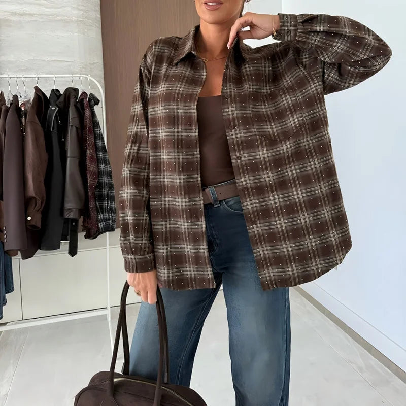 Fashion New Women's Lapel Pocket Coat Vintage Plaid Printed Long Sleeved Shirt Casual Street Wear Single Breasted Office T-shirt