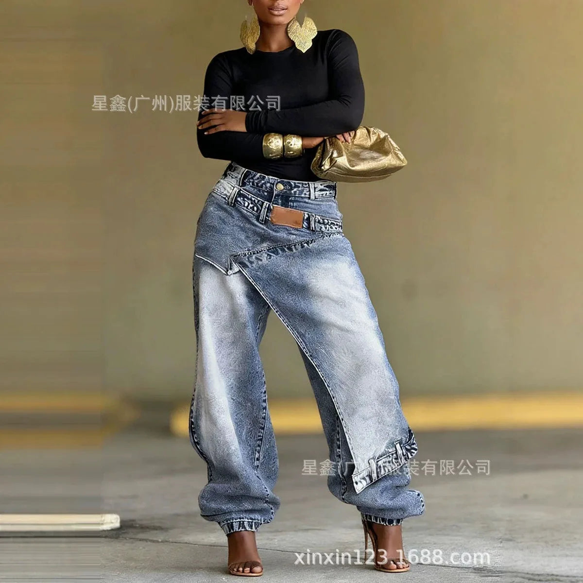 Washed Patchwork Baggy Jeans With Irregular Wrap Front for Women