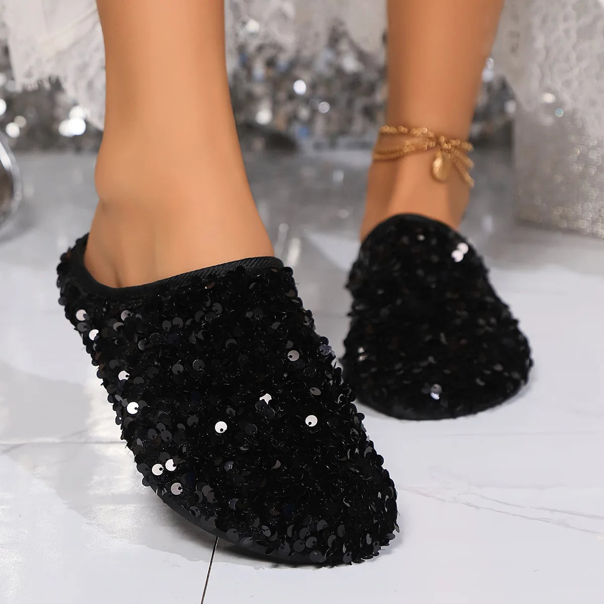 2025 Fashion new casual baotong glitter casual wear light solid color round head flat shoes