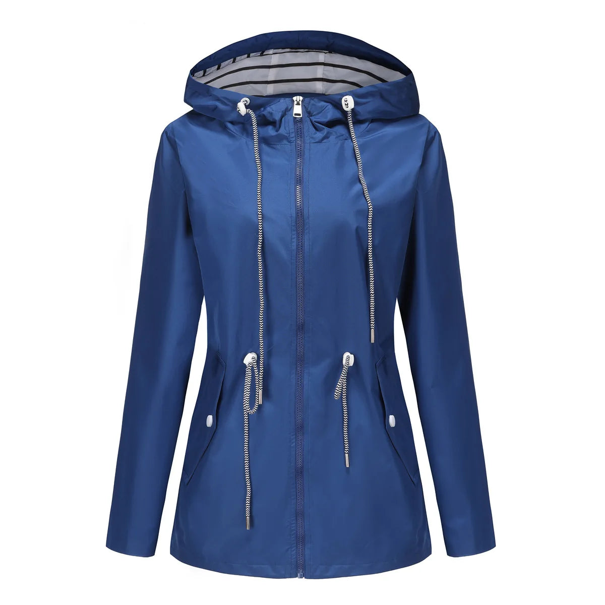 Women Outdoor Windbreaker Casual Loose Hooded Waterproof Raincoat Long Sleeve Solid Color Mid-length Zipper Hiking Jackets