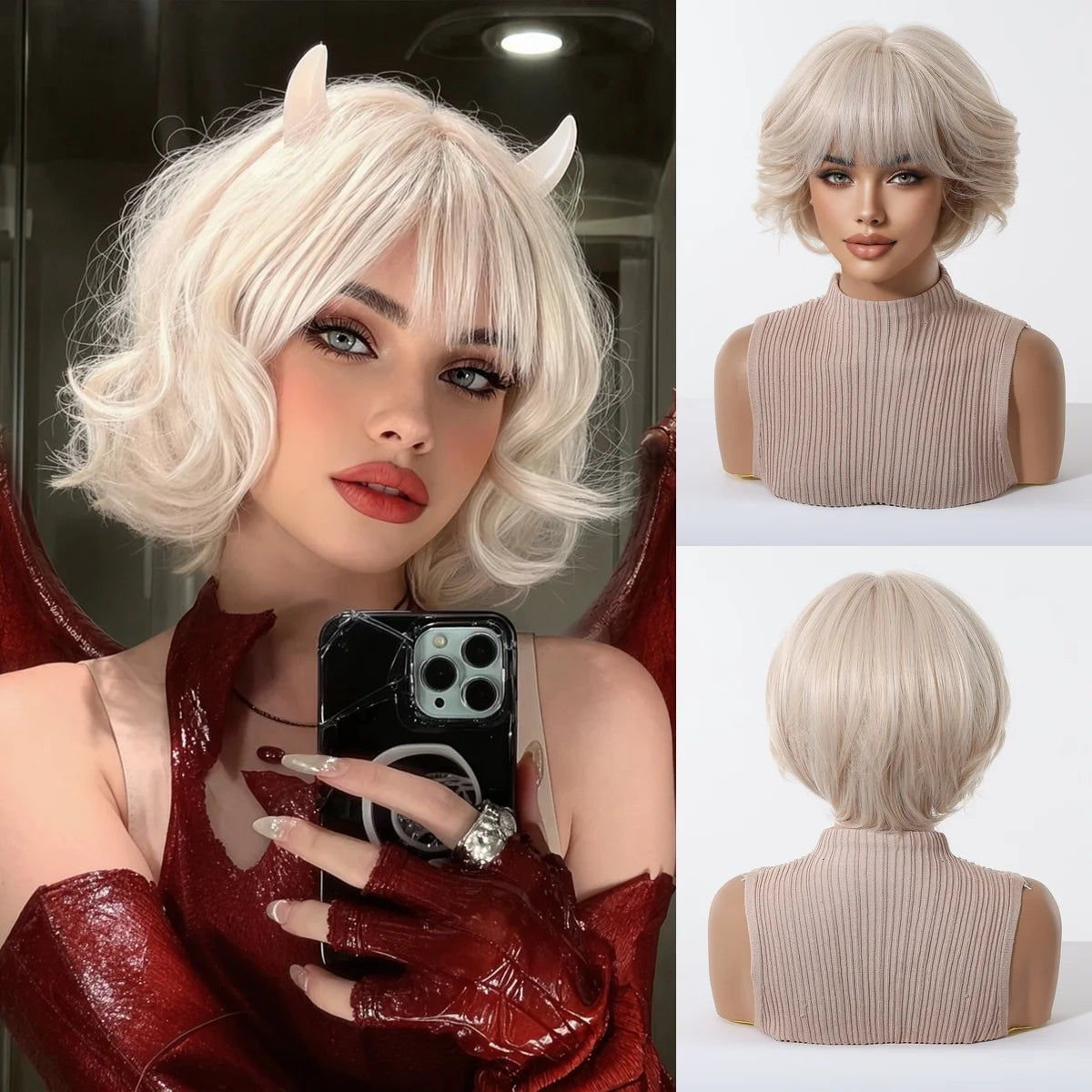 Pink Purple Ombre Curly Synthetic Wig With Bangs for Women