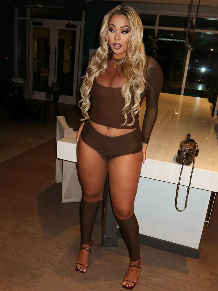 Weird Puss Sexy Casual 3 Piece Set Mesh Full Sleeve o-Neck Crop Tops+Shorts+Foot Cover Matching Autumn Trend Streetwear Outfits