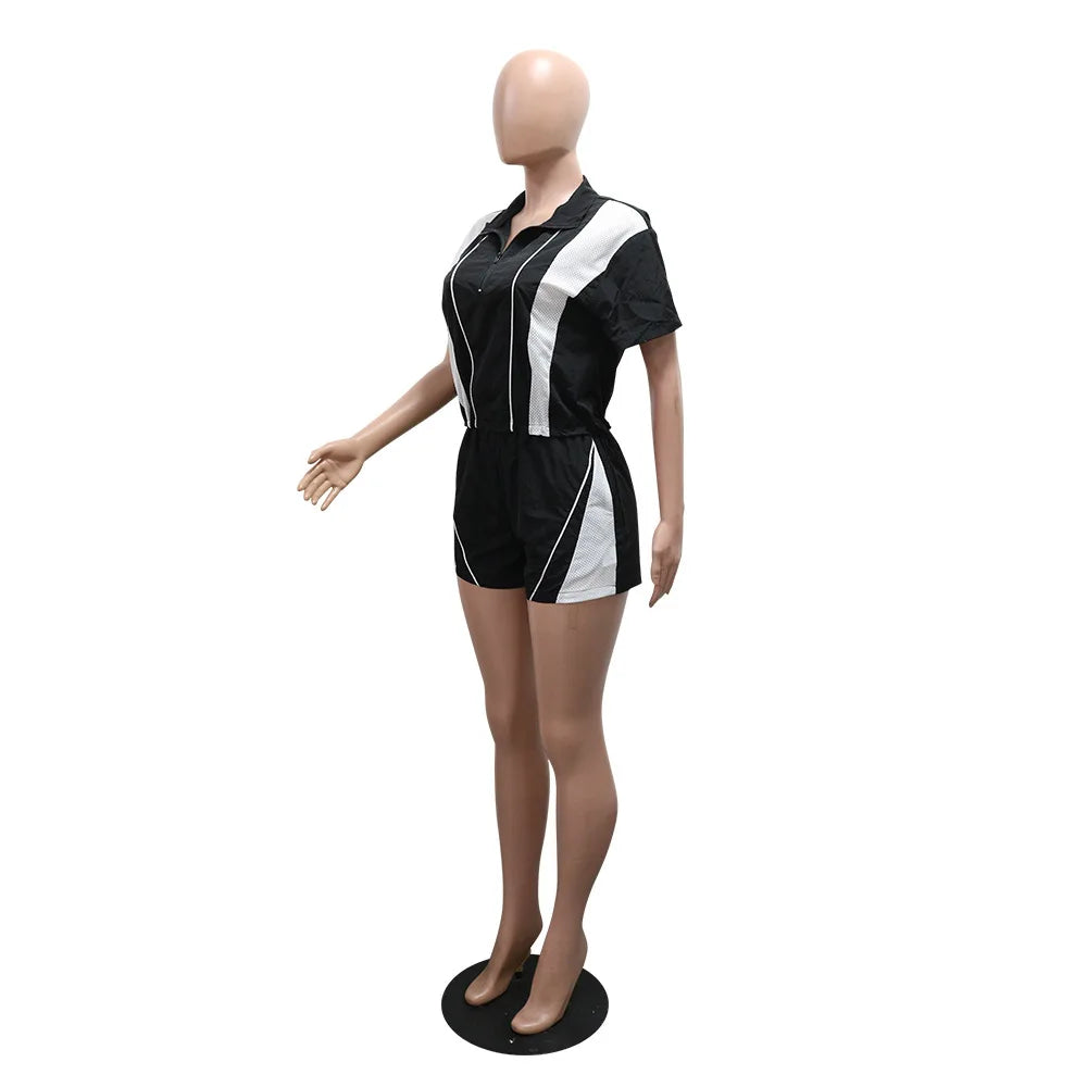 Joskaa 2025 Summer Women's Sporty 2 Piece Set Casual Patchwork Short Sleeve Top and Shorts Matching Tracksuits Y2K Streetwear