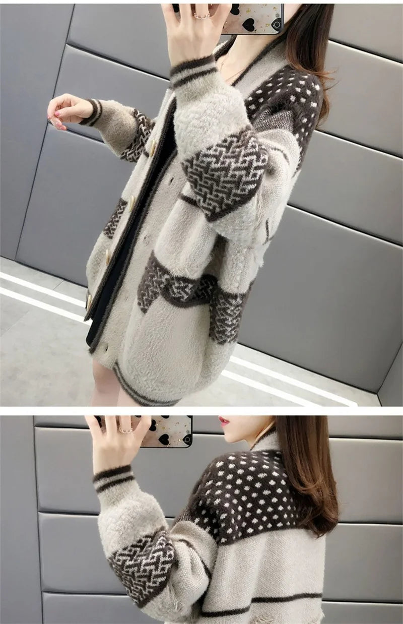 Mink Velvet Knitted Cardigan Jacket Women's 2022 New Loose Ladies Sweater Outerwear Spring And Autumn All-Match Button Jacket