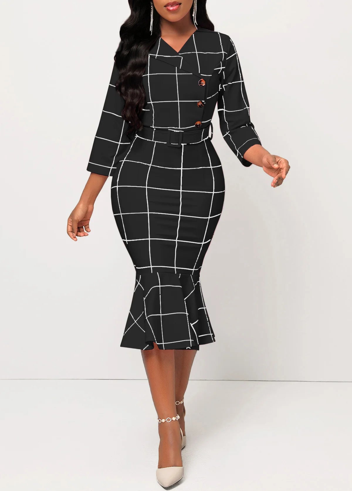 Sexy fashion solid color seven-quarter sleeve small V-neck women's dress SMR12189