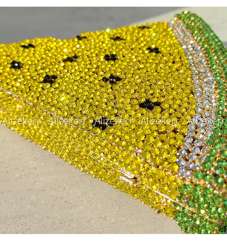 Alizekerr Pizza Shaped Diamond Evening Clutch Bags 2024 New Gorgeous Unique Metallic Watermelon Rhinestone Purses Wedding Party
