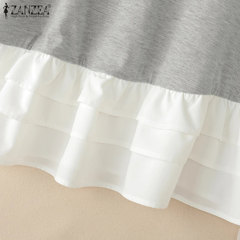 ZANZEA Woman Summer Fashion Chic T-Shirts Round Neck Short Sleeve Ruffle Trim Layered Hem Contrast-Color Casual Patchwork Tees