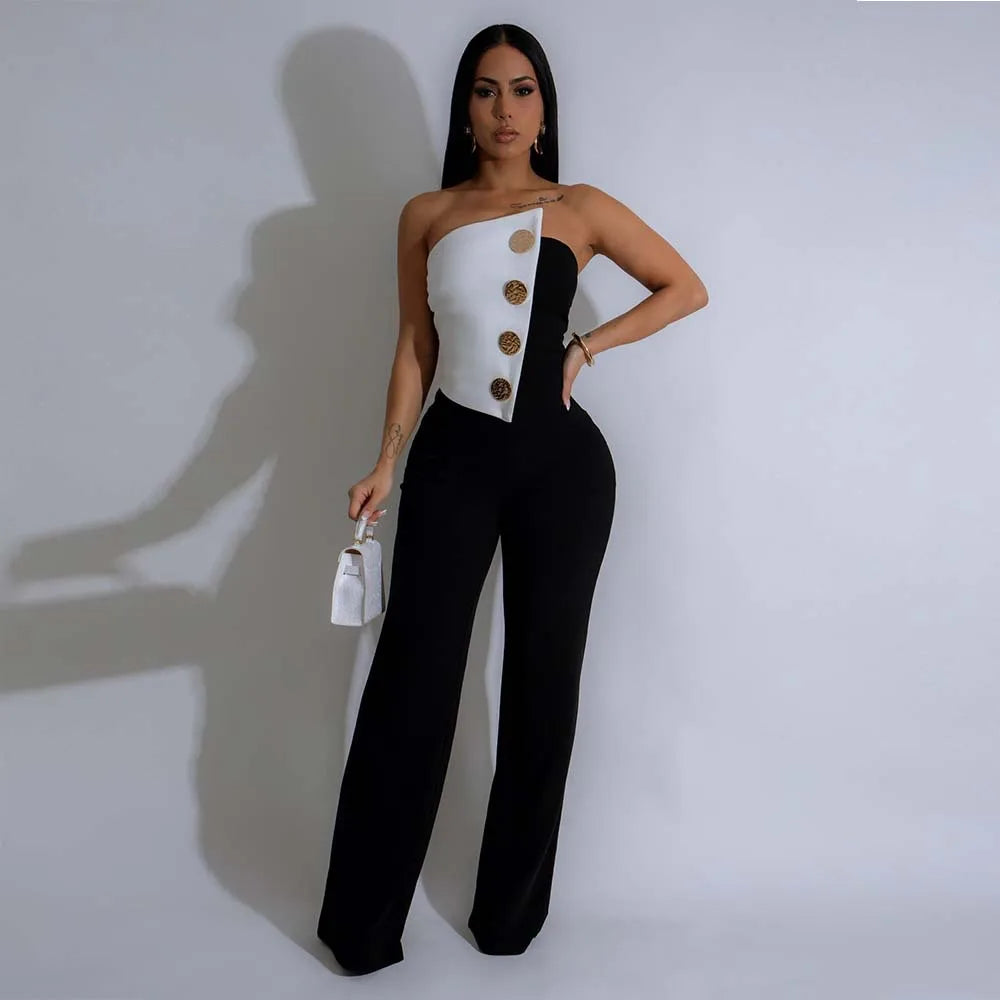 CM.YAYA Elegant Button Strapless Sleeveless Irregular Girl Jumpsuits 2025 Spring Women's Overalls Outfits Night Club One Piece