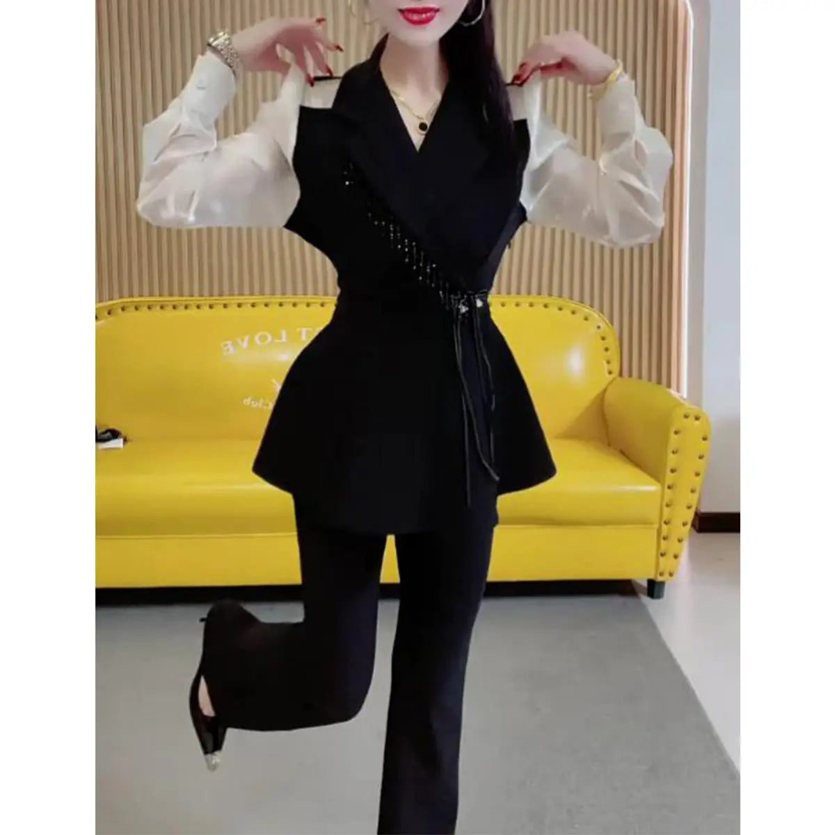 Spring 2025 New Fashion Foreign Style Suit Femininity Skinny Splicing Bubble Sleeve Top Pants Two-piece Set Lady Summer Suits