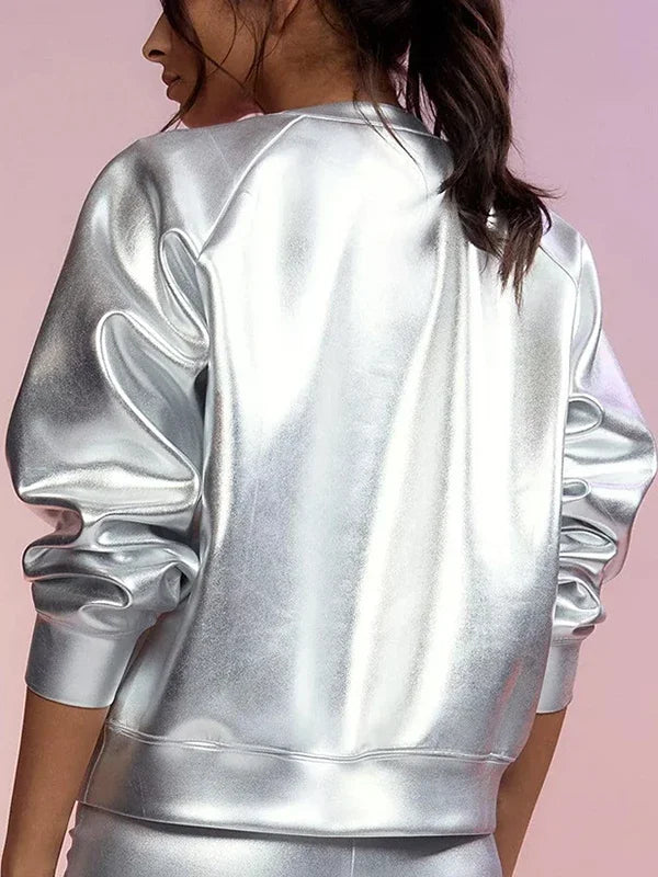 2024 New Autumn Women's Pullover Sweatshirt Silver Simple Casual Shirt Streertwear Female Long Sleeves Tops T-shirts
