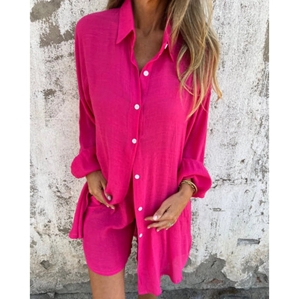 Ruched Turn-down Collar Long Sleeve Buttoned Top and Shorts Set Two Pieces Summer Outfits