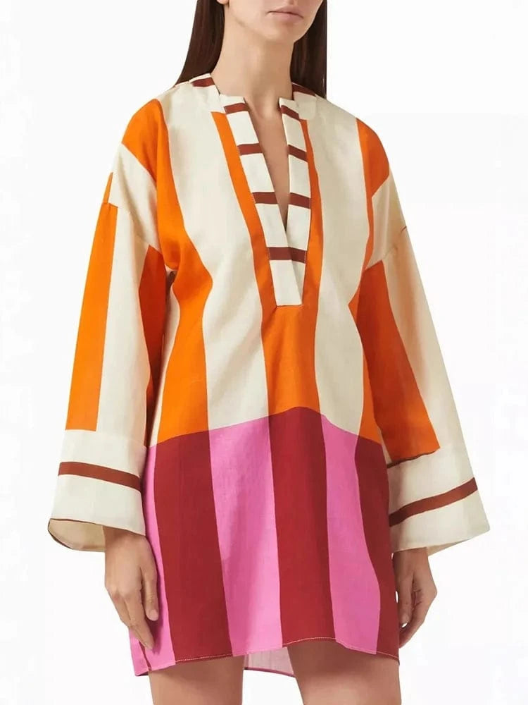 Autumn Long Sleeve Loose Bohemian Dress Vintage Contrast Striped Print V Neck Women Dress Spring Casual Patchwork Vacation Dress