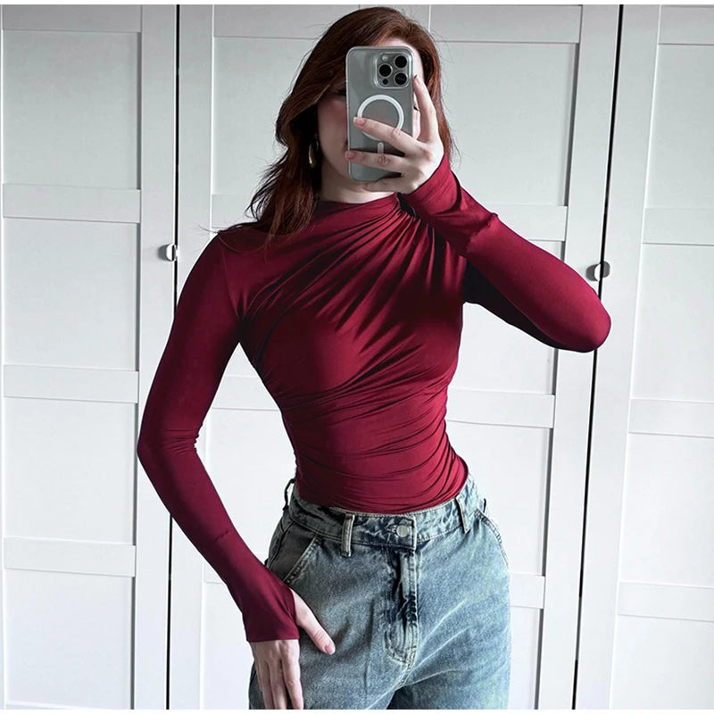 Women Tees Sexy Turtleneck Long Sleeve Pleated All-match Basic Lady T-shirts 2025 Spring Autumn Fashion Chic Female Streetwears