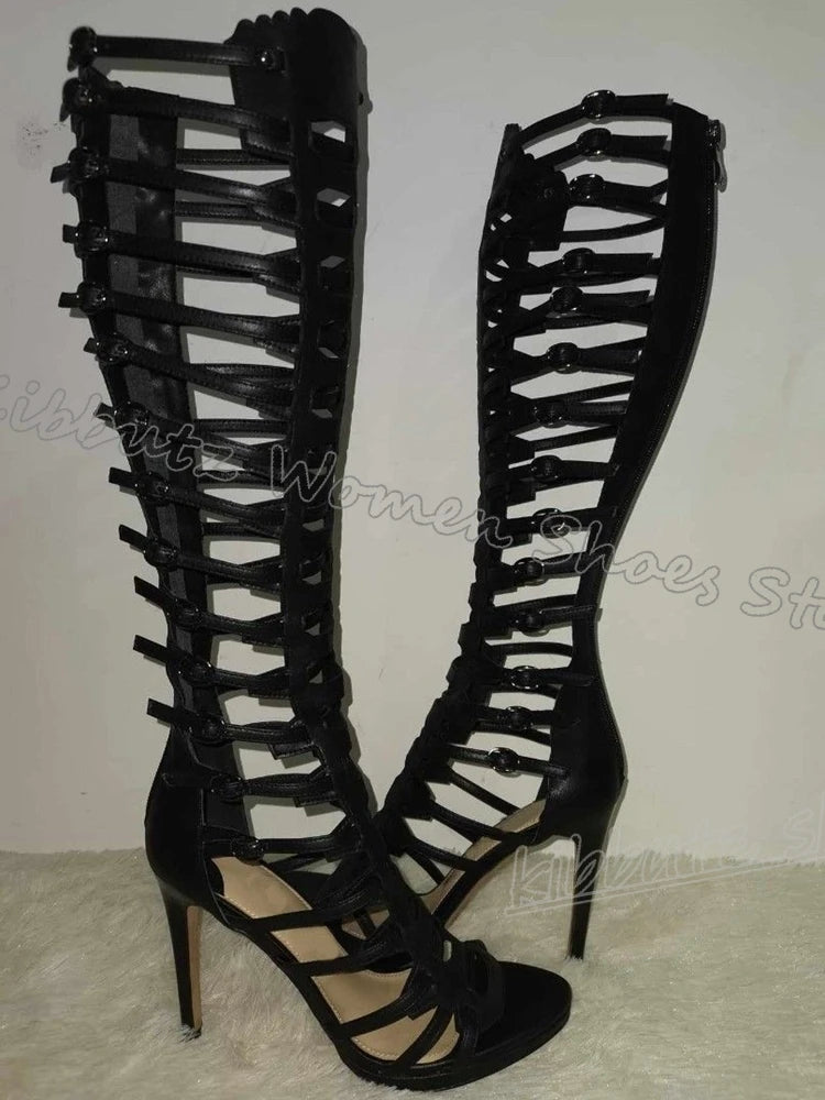 Cross Strap Sandals Knee High Solid Color Round Toe Thin Heels Back Zipper Fashion Luxury Elegant Concise Sexy Women Shoes New
