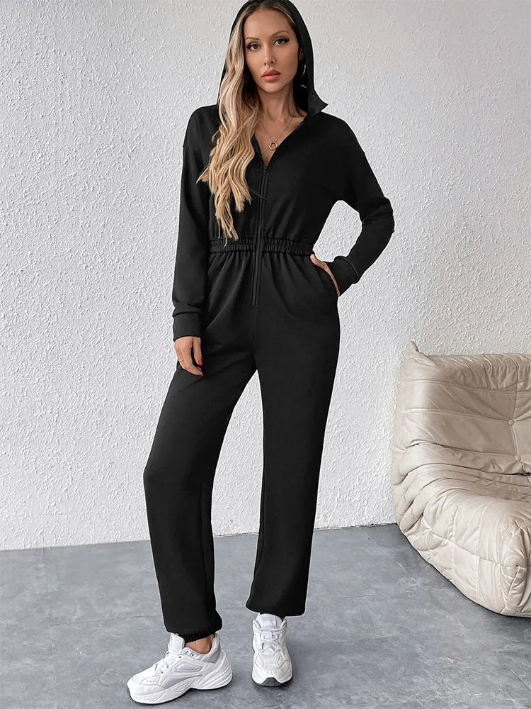 COOL BABES Store Women Jumpsuits New Spring Autumn Fashion Hooded Zippers Casual Slim Rompers Sexy Black Elegant Lady Jumpsuits