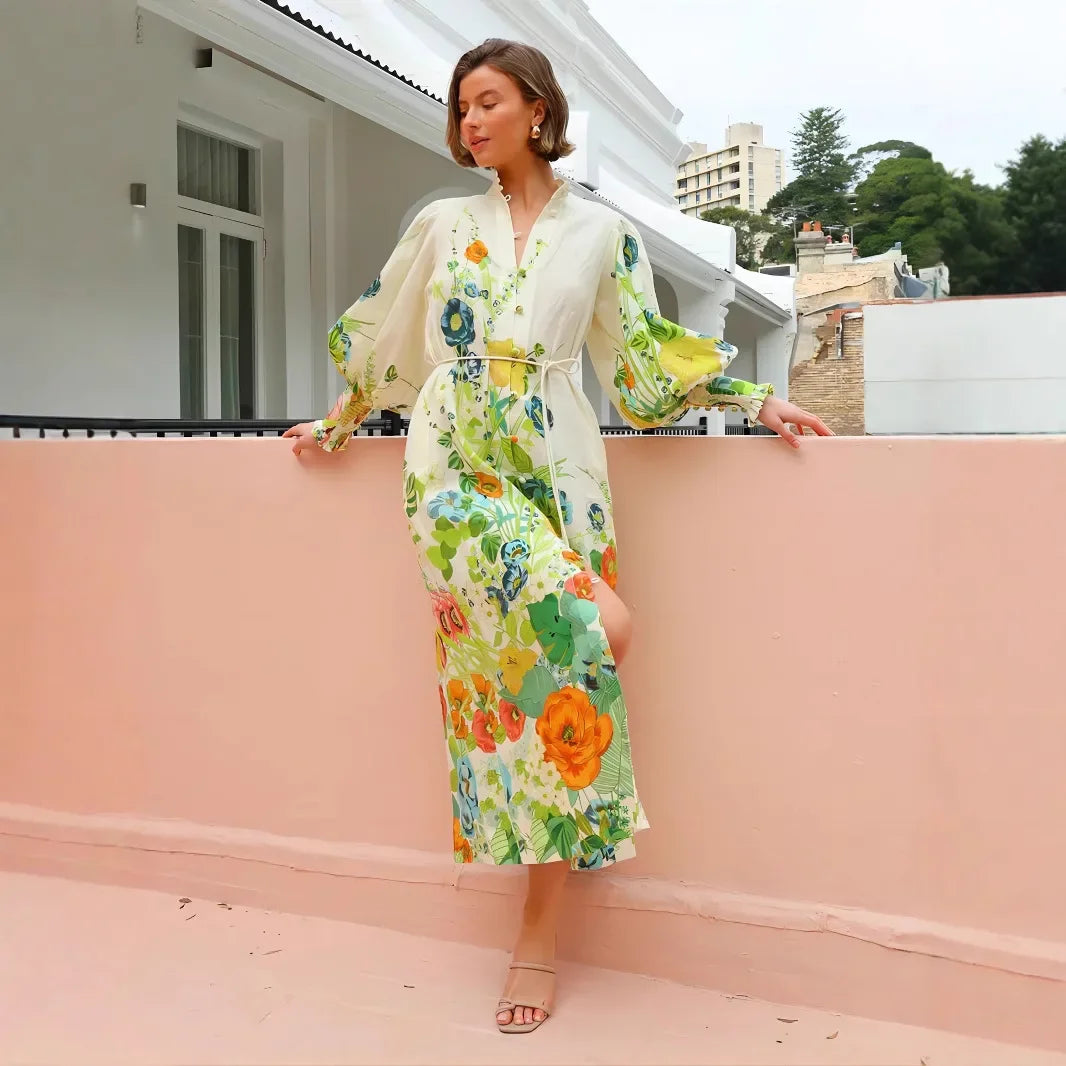 Waist-Cinching Long Lantern Sleeve Printed Dress with Belt Single Button Closure Independent Station Cross-Border Hot Sale Of Th