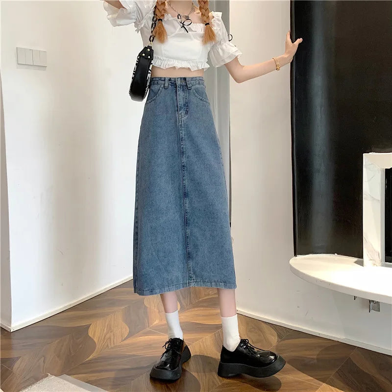 New 2022 Spring-Autumn Medium-Length Denim Skirt For Women High-Waisted Slimming Plus Size Curvy Girls A- Line Hip Covering Skir
