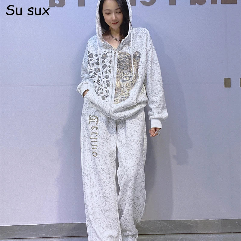 2025 Autumn Tie-dye Zipper Hooded 2 Piece Sets Woman Casual Sequins Oversized Straight Pant Sets Vestidos Sportsuits Bust 130cm