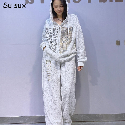 2025 Autumn Tie-dye Zipper Hooded 2 Piece Sets Woman Casual Sequins Oversized Straight Pant Sets Vestidos Sportsuits Bust 130cm