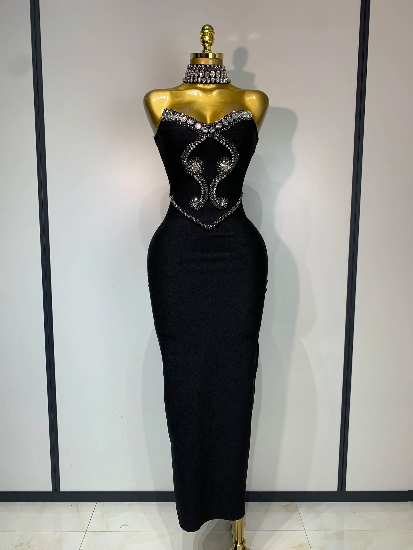 High Quality Strapless Beading With Necklace Bandage Dress Celebrity Elegant Evening Party Fancy Club Birthday Dresses