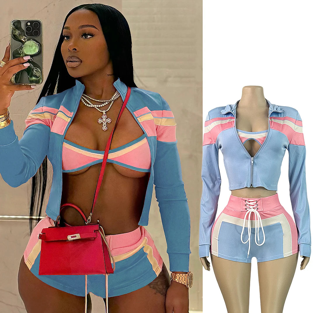 FAGADOER Sexy Sport 3 Pieces Set for Woman Color Block Long Sleeves Jacket + Tanks Top and Shorts Matching Female Beach Swimsuit
