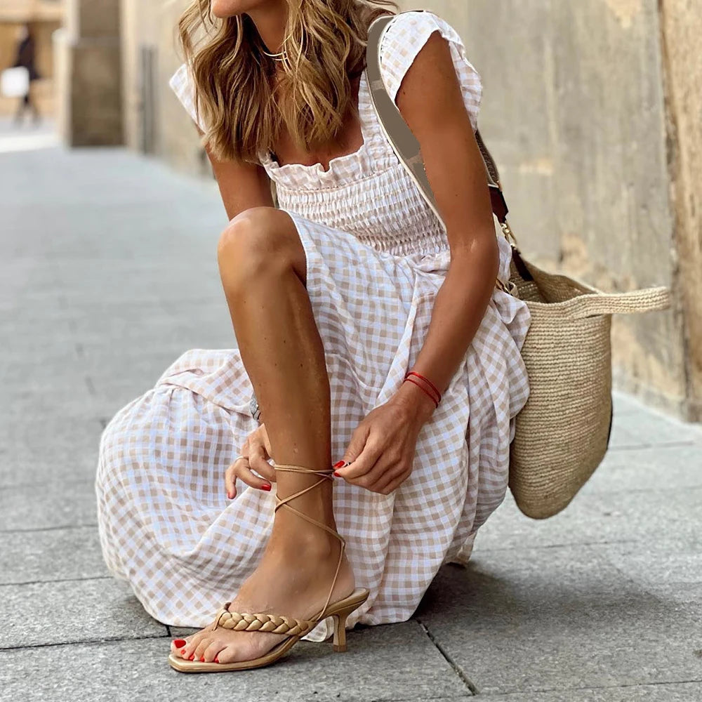 Women's Check Plaid Sleeveless Square Neck A-Line Maxi Dress Summer Ladies Casual Vacation Holiday Beach Sundress Size S-2XL