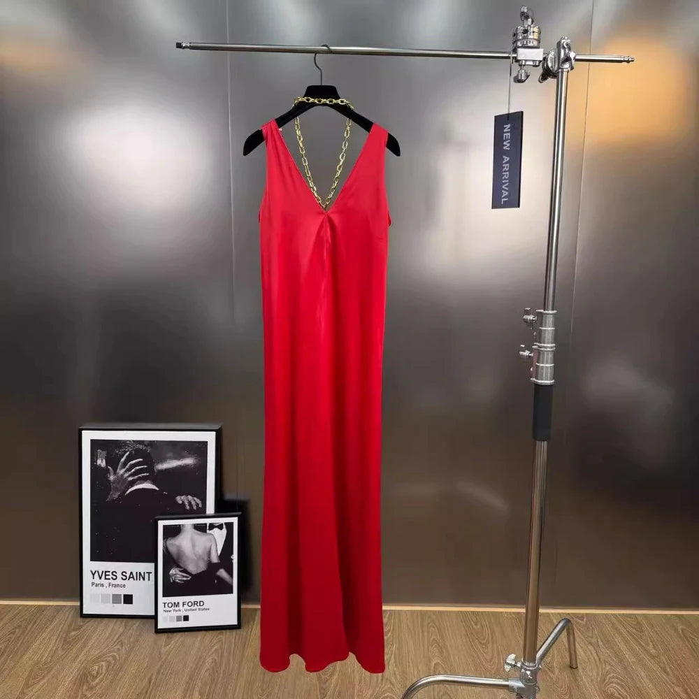 VGH Minimalist Spliced Chain Long Sundresses for Women V Neck Sleeveless High Waist Patchwork Metal Buckles Dress Female Summer