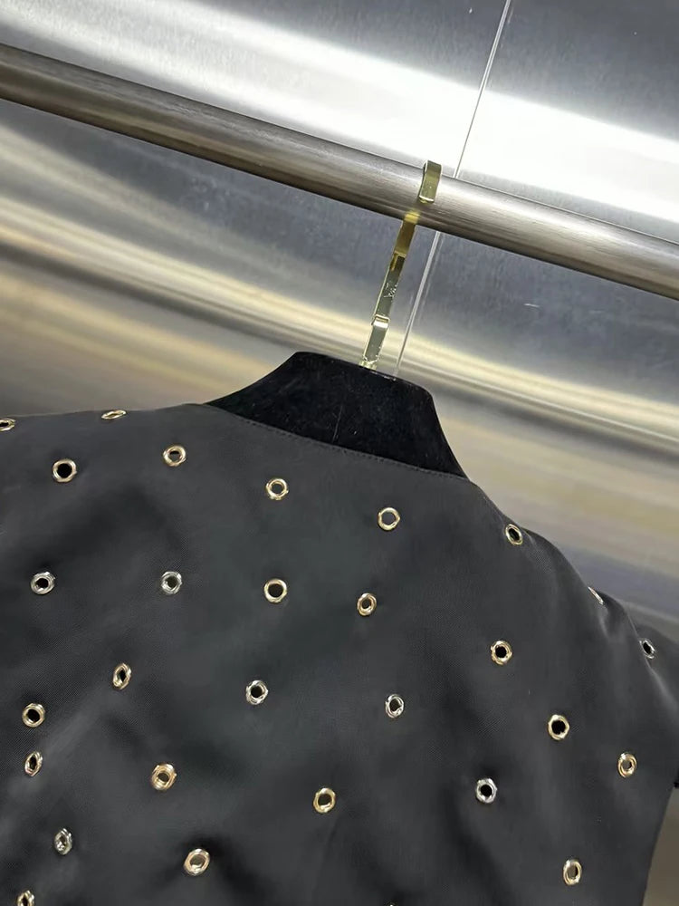 VGH Hollow Out Patchwork Rivets Waistcoats For Women V Neck Sleeveless Spliced Belt Slimming Short Waistcoat Female Fashion New