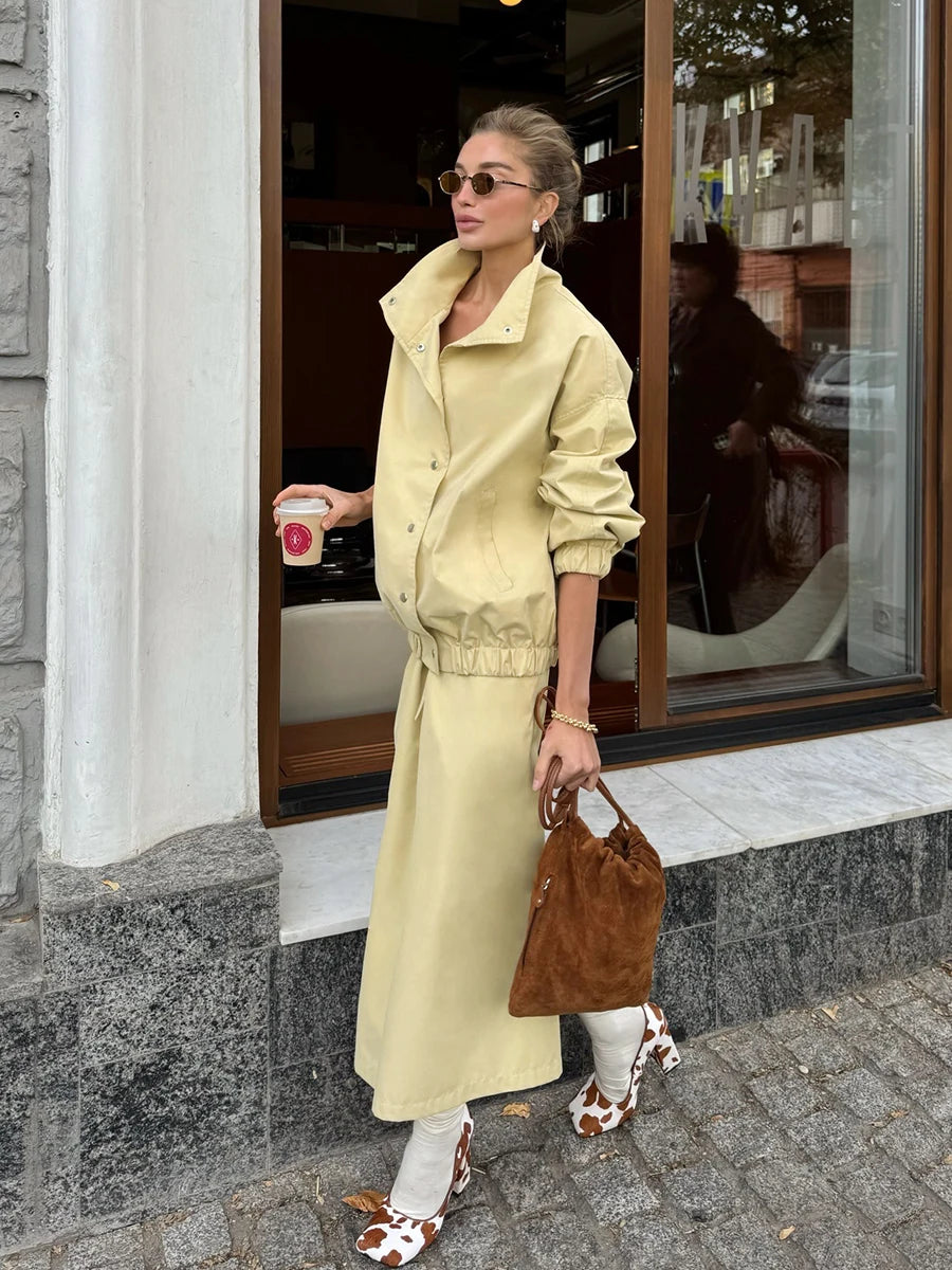Elegant Button Front Two Piece Skirt Set For Women