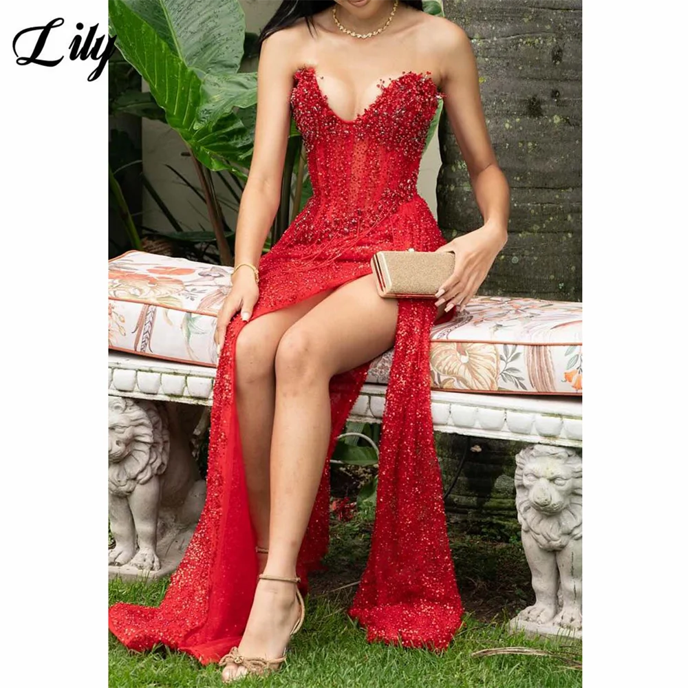 Lily Red Formal Dress Shiny Sequined Deep V-Neck Evening Gown Bead-Embellished Fringe and Side Split Prom Dresses Customized