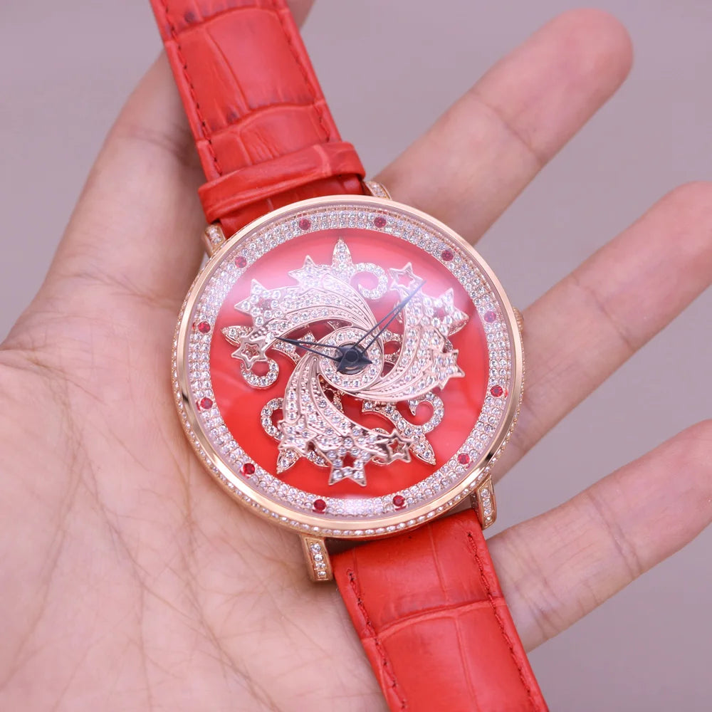 Luxury Davena Spin Snow Flower Women's Watch Japan Mov't Crystal Lady Hours Fine Fashion Real Leather Bracelet Girl's Gift Box