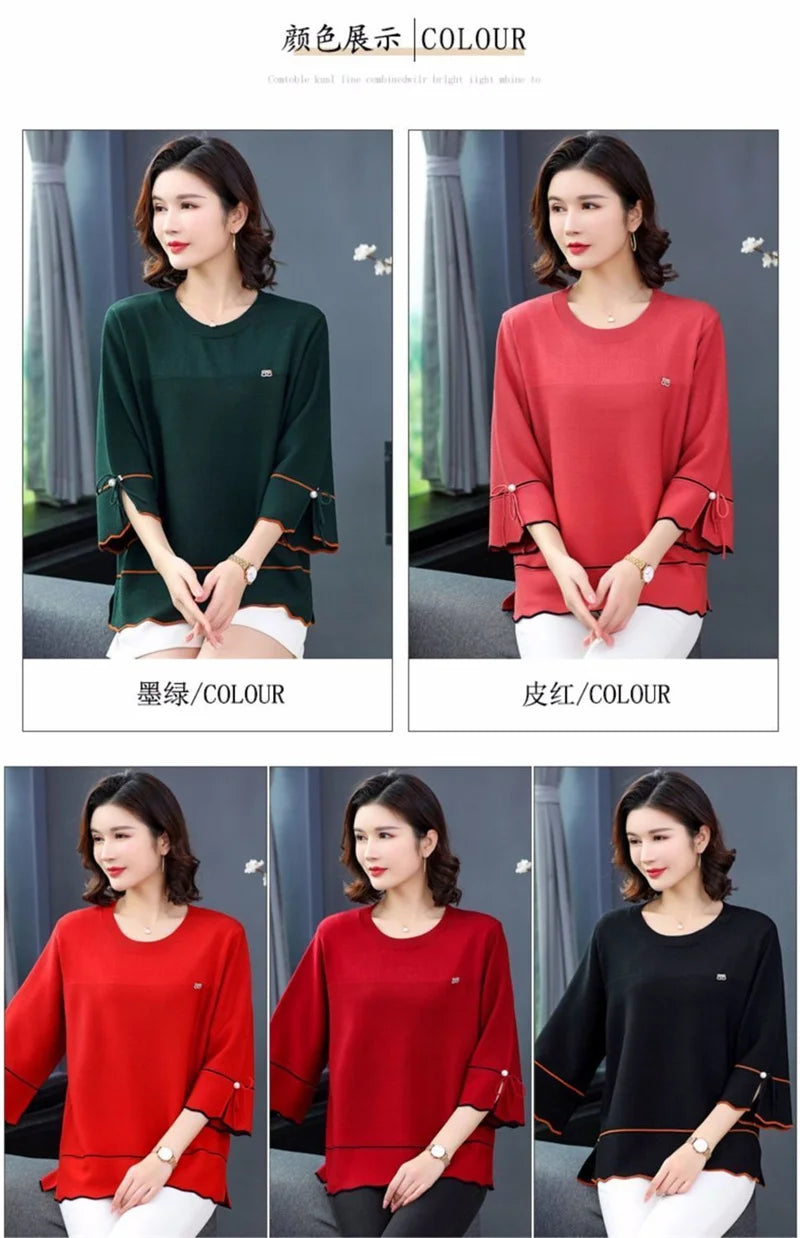 6XL Mom Large Summer New Ice Silk Shirt 3/4 Sleeves Round necked T-shirt Knit Sweater Loose Top For Wearing Outwear Top Black