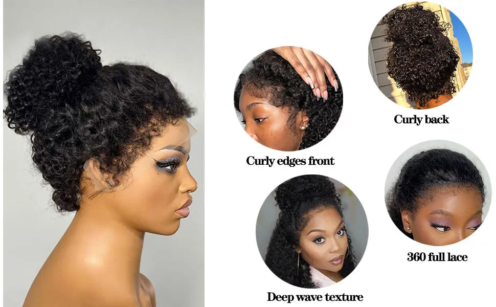 Deep Curly 360 Lace Front Wigs Human Hair With 4C Kinky Curly Edges 180% Density Glueless Pre Plucked Bleached Knots For Women