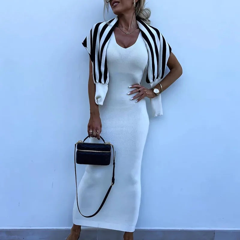 2025 New Autumn Striped Loose Pullover Women's Suit Sexy V-neck Sleeveless Dress Two-piece Set Casual Knitted Slim Fit Outfits