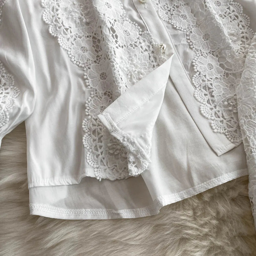 CM.YAYA Fashion Lace Embroidery Patchwork Women's Set Long Sleeve Shirt and Wide Leg Pants 2025 Vacation Two 2 Piece Sets Outfit