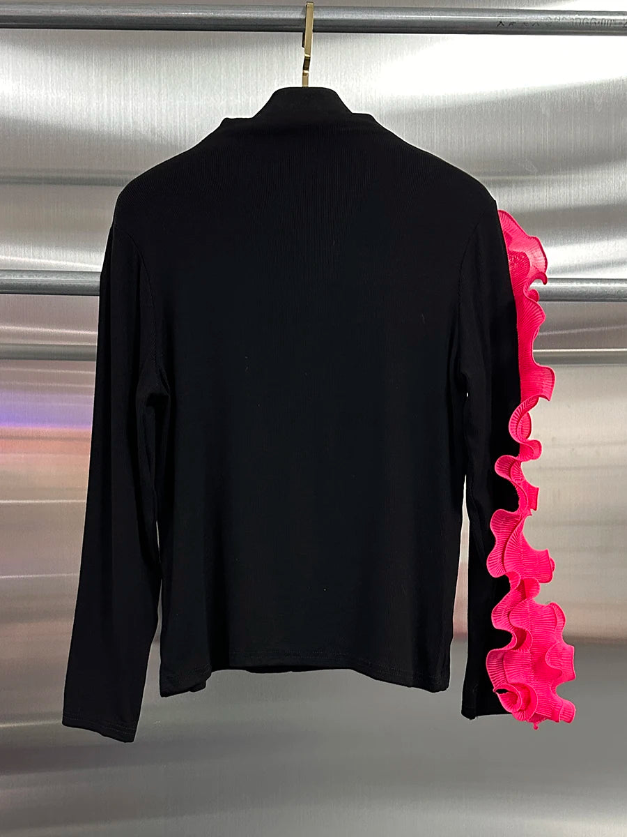 VGH Temperament Spliced Fungus Shirt For Women Turtleneck Petal Sleeve Slimming Chic Elegant Hit Color Blouse Female Spring New