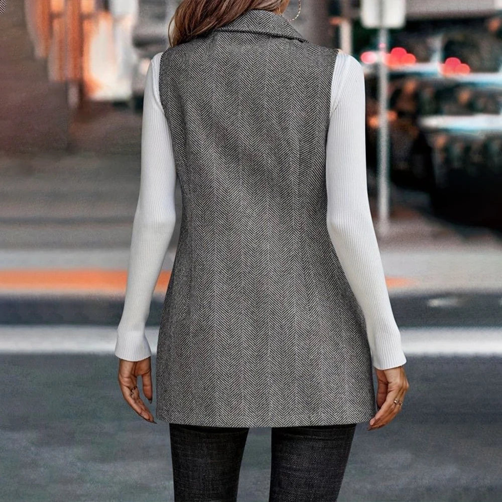 Women's Elegant Turn Down Collor Sleeveless Buttons Vest Blazer Coats Mid-Jackets Winter Ladies Office Work Outwear Outcoat S-XL