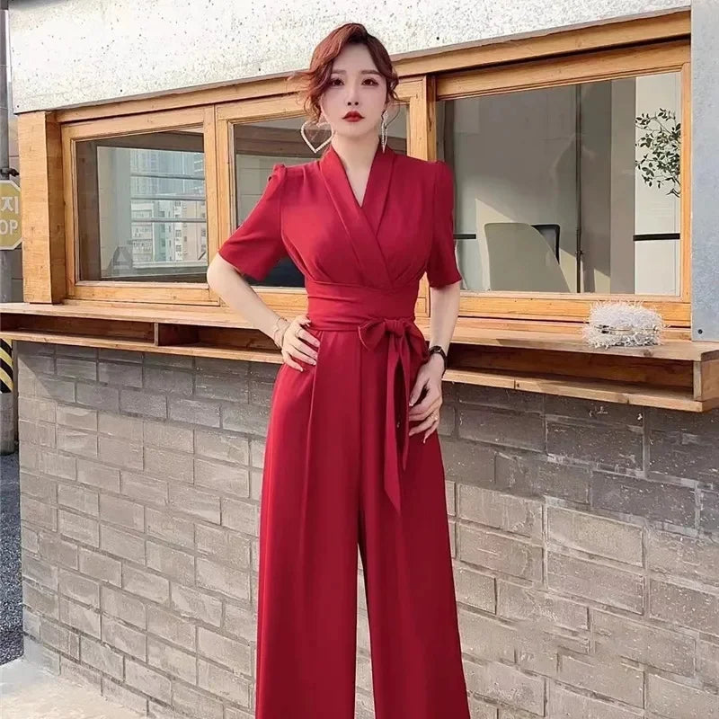 Jumpsuits Summer New High end Jumpsuit Women's Elegant Solid Color High Waist Slim Lace up Wide Leg Dropping Bodysuit Women Sets