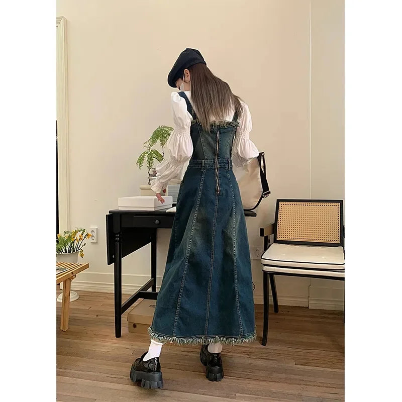 2023 New Women's Spaghetti Strap Denim Strap Two Piece Set Sling Dress Denim Suit Jeans Dress And White Shirt SRetro Denim Dress