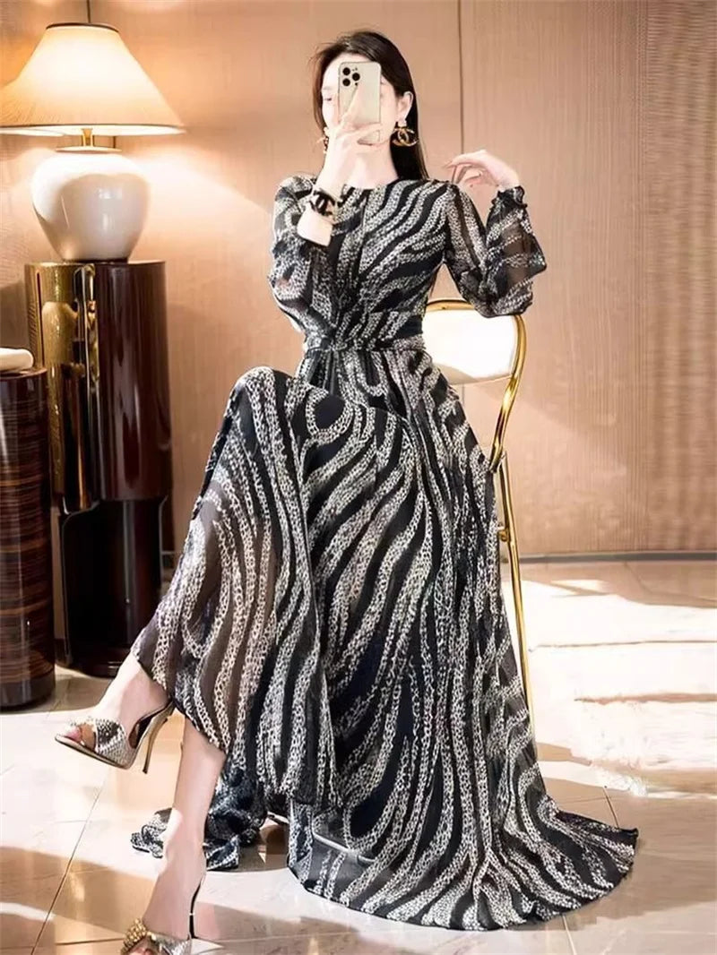 Fashionable Temperament Elegant Socialite Waist Cinching Big Swing Long Skirt Vnique Beautiful Mature Mature Queen Print Dress
